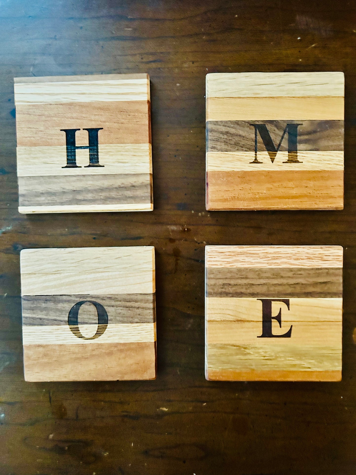 High Quality- Handcrafted- Laser Engraved “Home” wood Coasters Light or Dark Brown